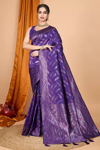 Purple zari work border pure silk saree with blouse