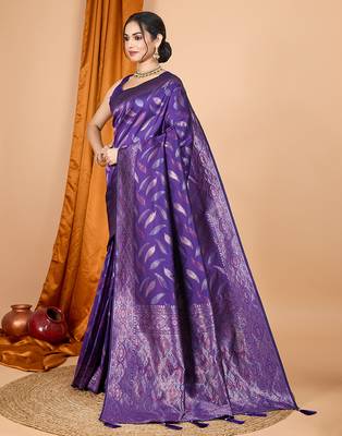 Purple zari work border pure silk saree with blouse 3