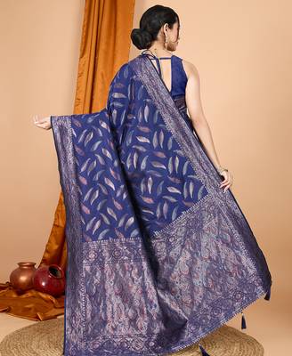 Navy blue zari work border pure silk saree with blouse 4