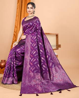 Wine zari work border pure silk saree with blouse 1