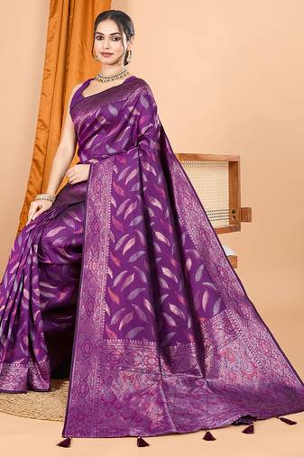 Wine zari work border pure silk saree with blouse