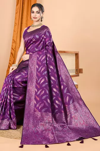 Wine zari work border pure silk saree with blouse