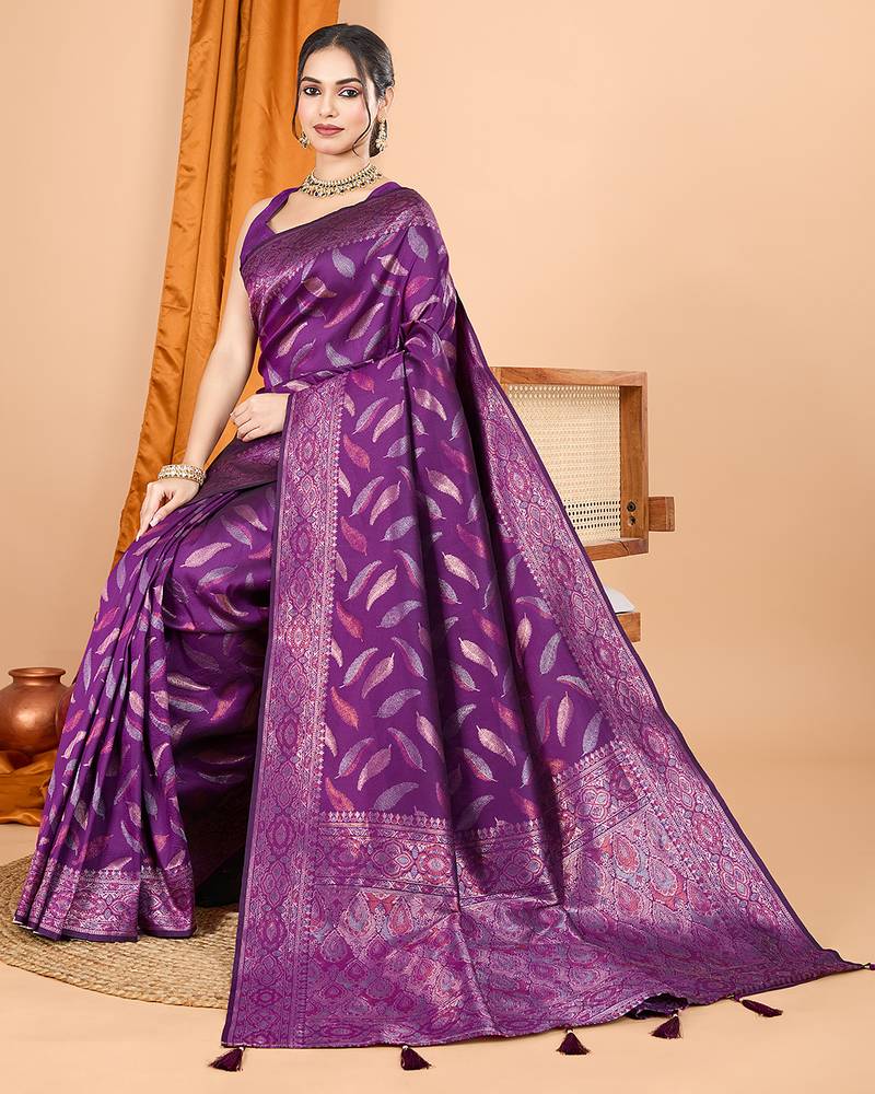 Wine zari work border pure silk saree with blouse