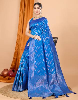 Blue zari work border pure silk saree with blouse 1