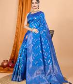 Blue zari work border pure silk saree with blouse