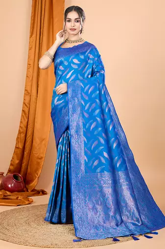 Blue zari work border pure silk saree with blouse