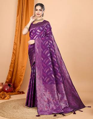 Wine zari work border pure silk saree with blouse 2
