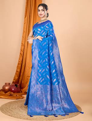 Blue zari work border pure silk saree with blouse 3