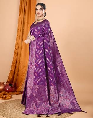 Wine zari work border pure silk saree with blouse 3