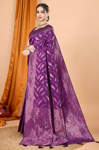 Wine zari work border pure silk saree with blouse