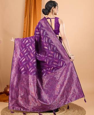 Wine zari work border pure silk saree with blouse 4
