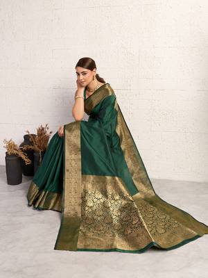 dark green golden zari border silk blend saree with blouse 1