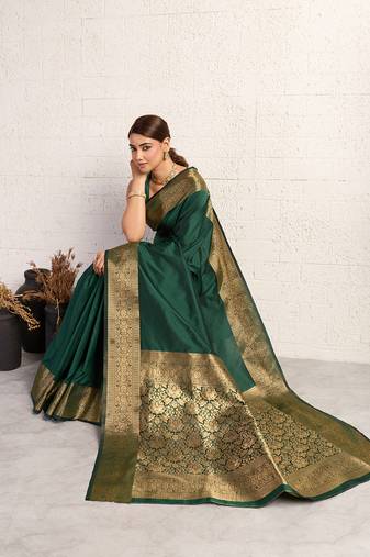 dark green golden zari border silk blend saree with blouse
