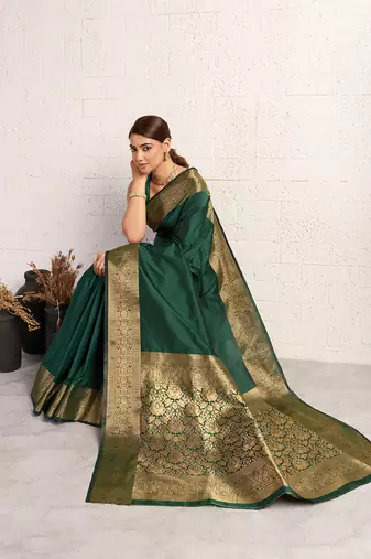 dark green golden zari border silk blend saree with blouse