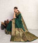 dark green golden zari border silk blend saree with blouse