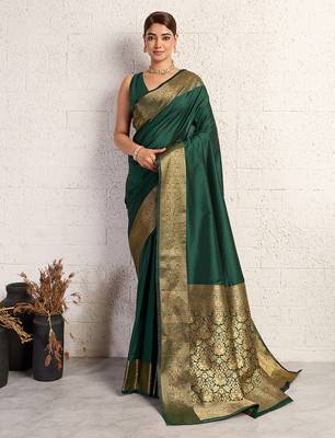 dark green golden zari border silk blend saree with blouse 2