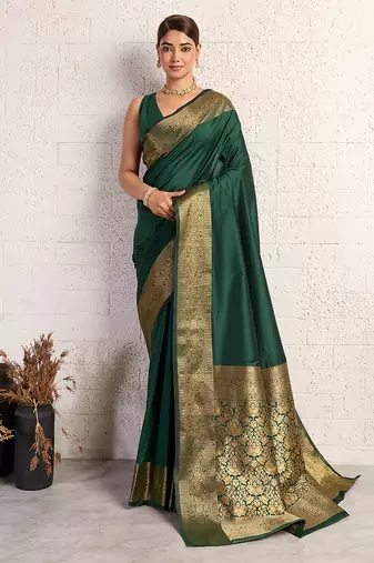 dark green golden zari border silk blend saree with blouse