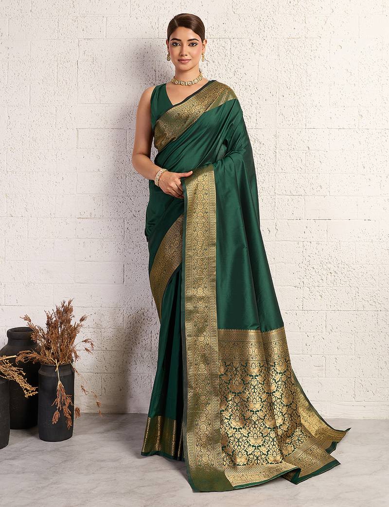 dark green golden zari border silk blend saree with blouse
