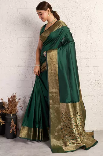 dark green golden zari border silk blend saree with blouse