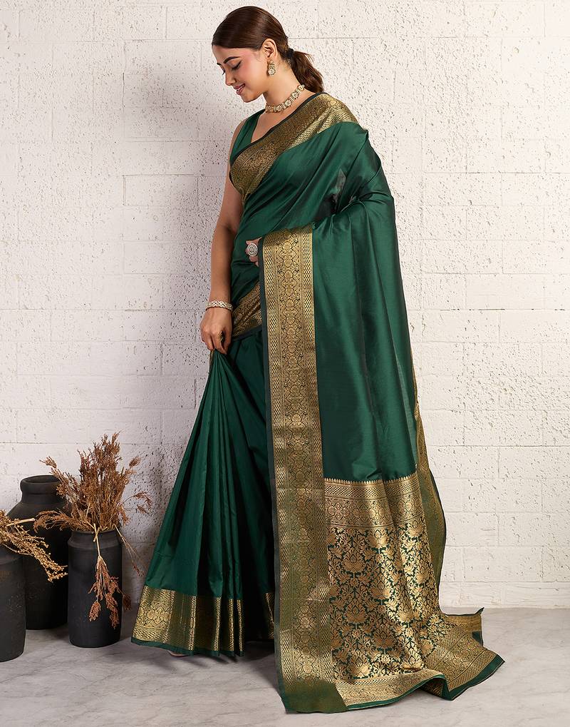 dark green golden zari border silk blend saree with blouse