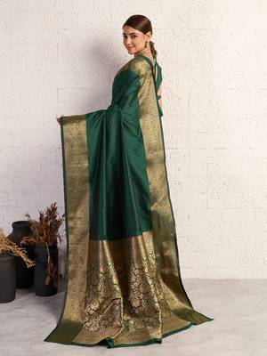 dark green golden zari border silk blend saree with blouse 4