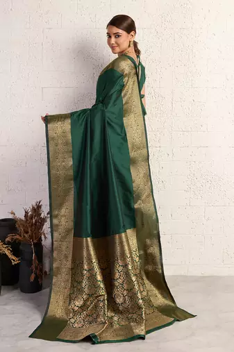 dark green golden zari border silk blend saree with blouse