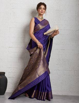 purple golden zari border silk blend saree with blouse 1