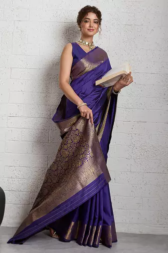purple golden zari border silk blend saree with blouse