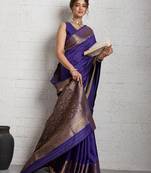 purple golden zari border silk blend saree with blouse
