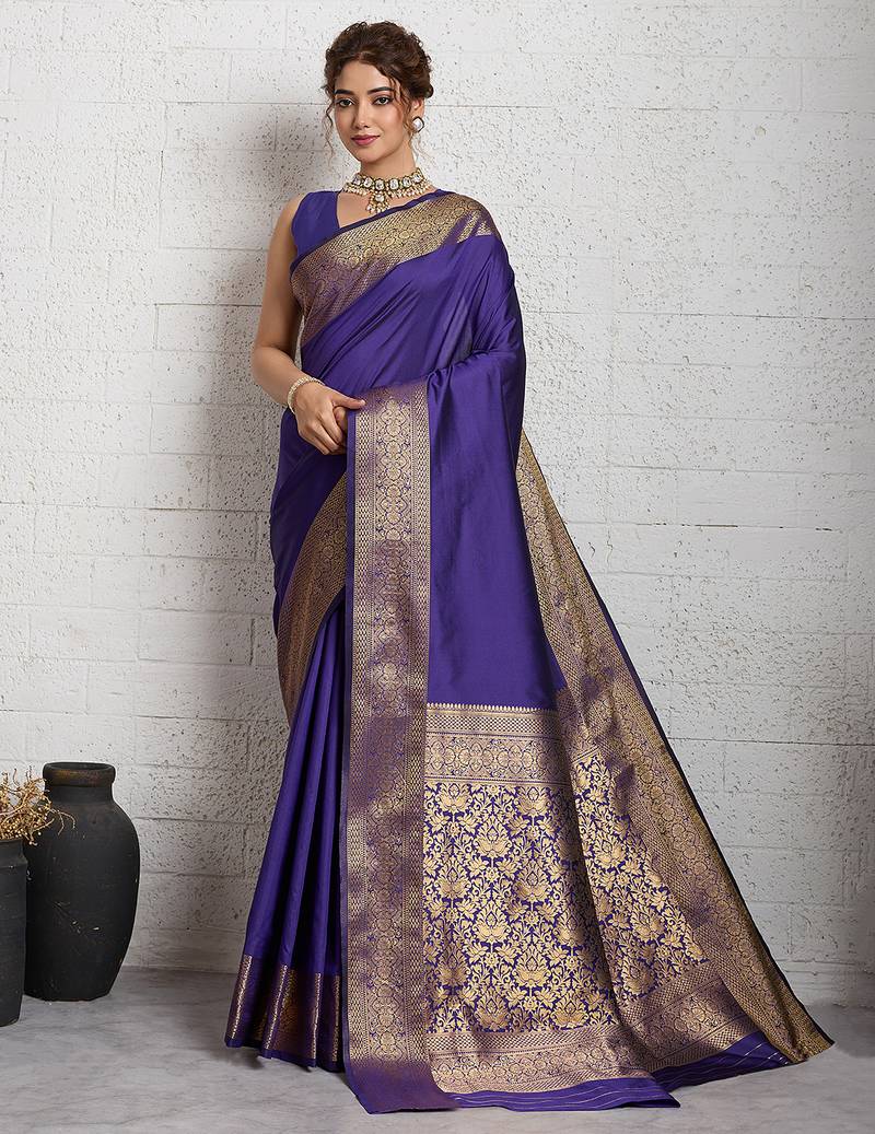 purple golden zari border silk blend saree with blouse
