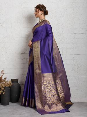 purple golden zari border silk blend saree with blouse 3