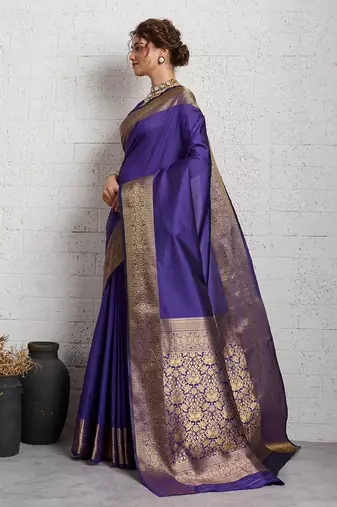 purple golden zari border silk blend saree with blouse