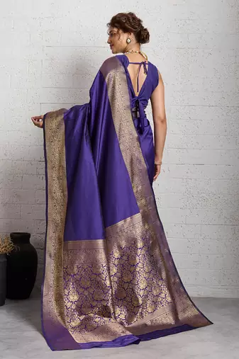 purple golden zari border silk blend saree with blouse
