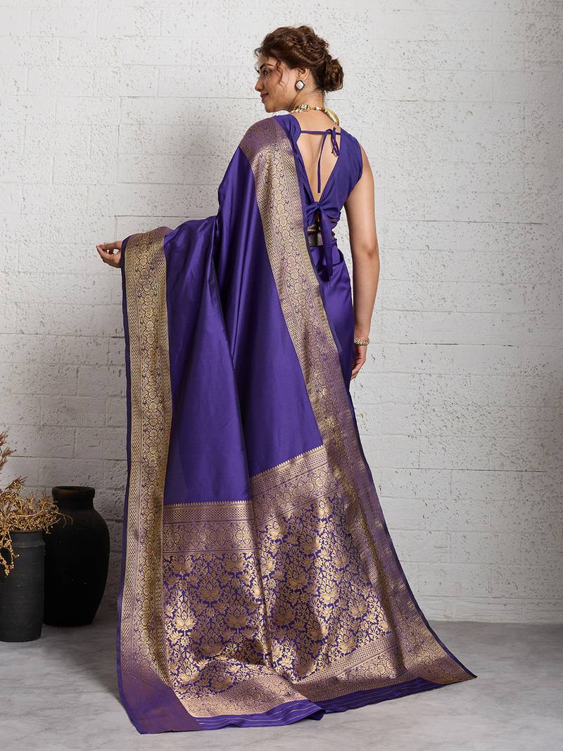 purple golden zari border silk blend saree with blouse