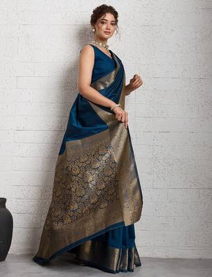 teal blue golden zari border silk blend saree with blouse 2