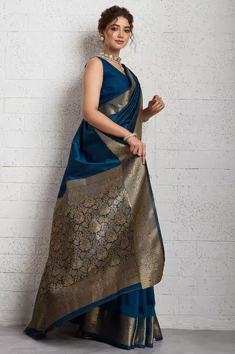 teal blue golden zari border silk blend saree with blouse