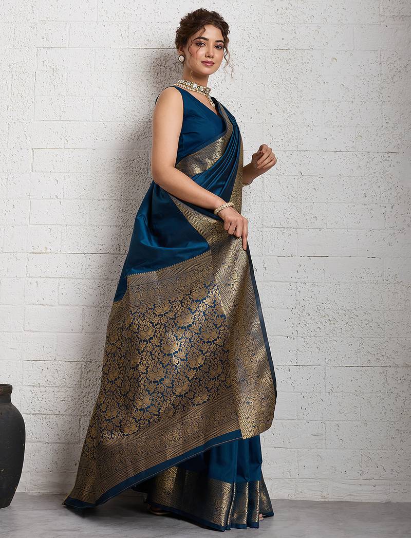 teal blue golden zari border silk blend saree with blouse