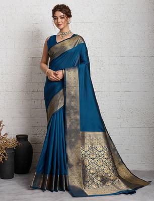 teal blue golden zari border silk blend saree with blouse 1