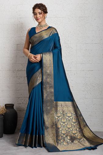 teal blue golden zari border silk blend saree with blouse