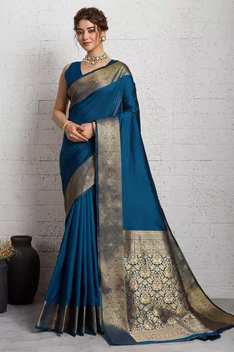 teal blue golden zari border silk blend saree with blouse