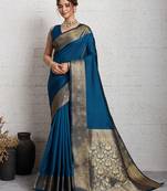 teal blue golden zari border silk blend saree with blouse