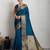 teal blue golden zari border silk blend saree with blouse