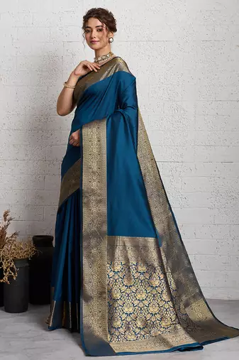 teal blue golden zari border silk blend saree with blouse