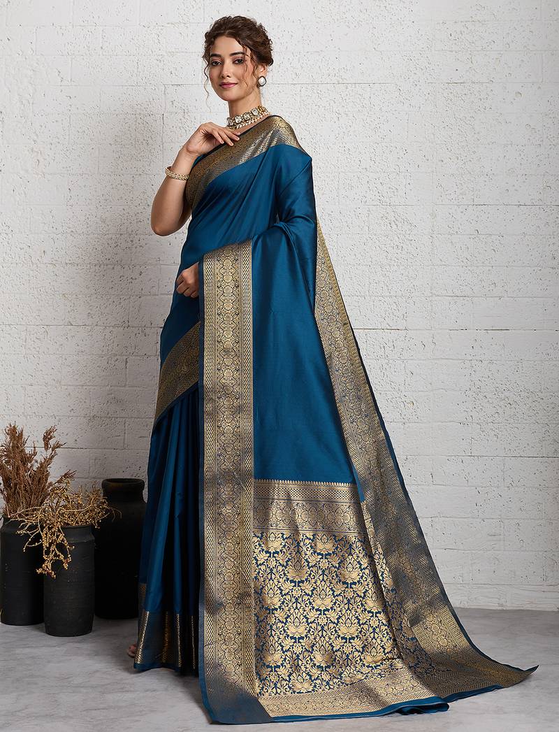 teal blue golden zari border silk blend saree with blouse