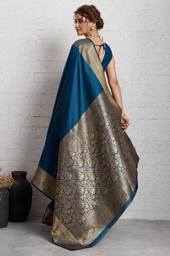 teal blue golden zari border silk blend saree with blouse