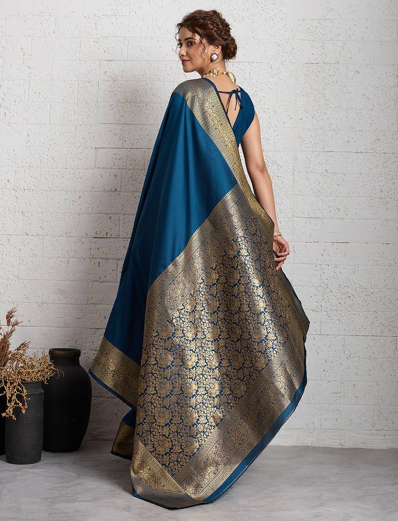 teal blue golden zari border silk blend saree with blouse
