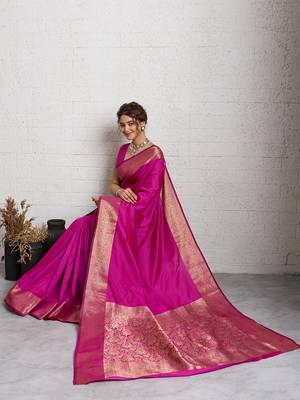 rani pink golden zari border silk blend saree with blouse 1