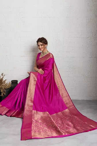 rani pink golden zari border silk blend saree with blouse