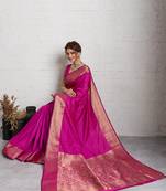 rani pink golden zari border silk blend saree with blouse