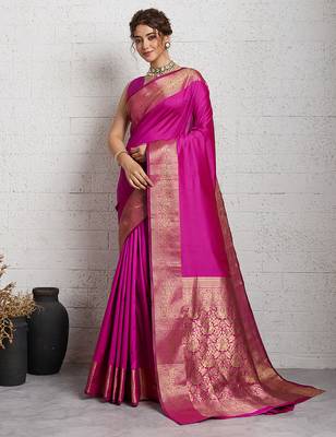 rani pink golden zari border silk blend saree with blouse 2